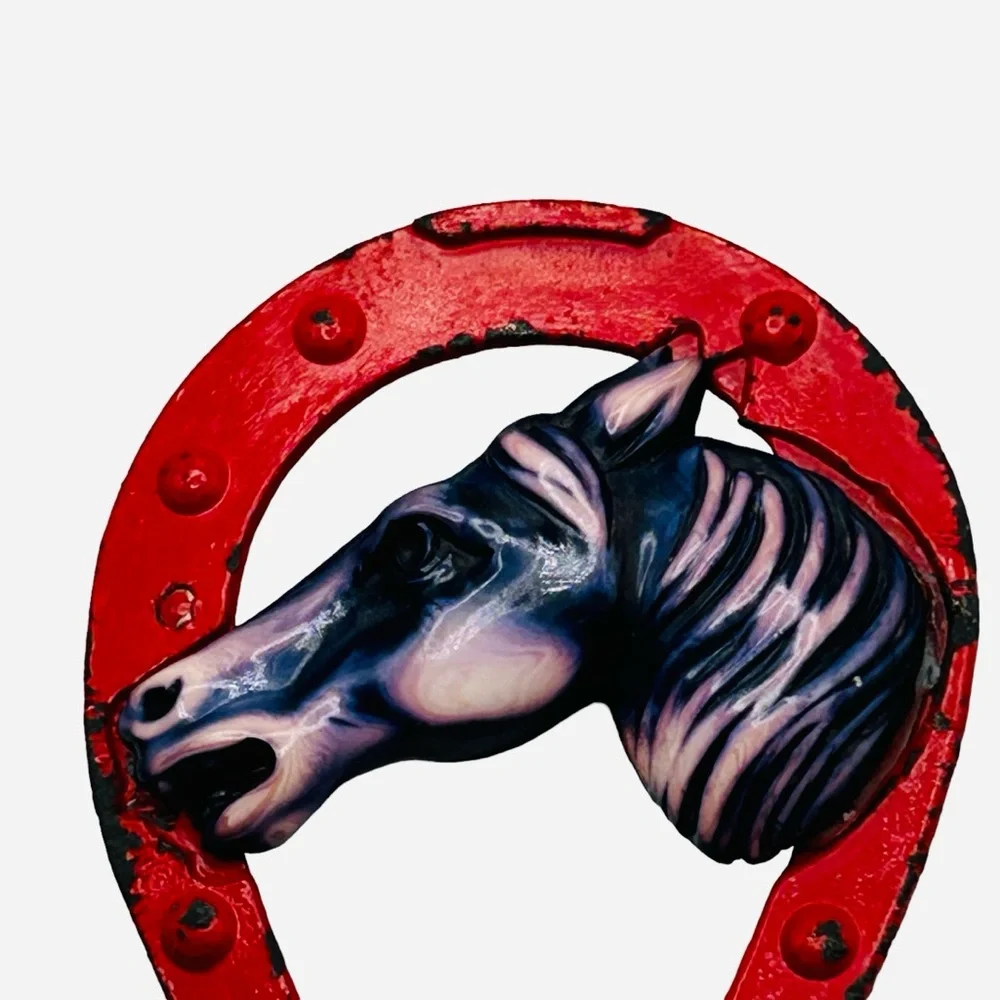 Antique 1930’s Metal Horse Head and Horseshoe Brooch Hand Painted